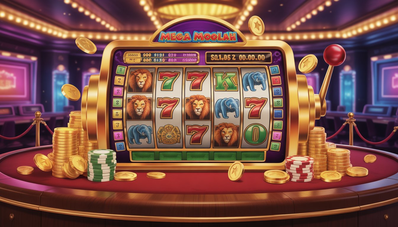 A casino slot machine surrounded by gold coins and chips inside a luxurious casino setting.