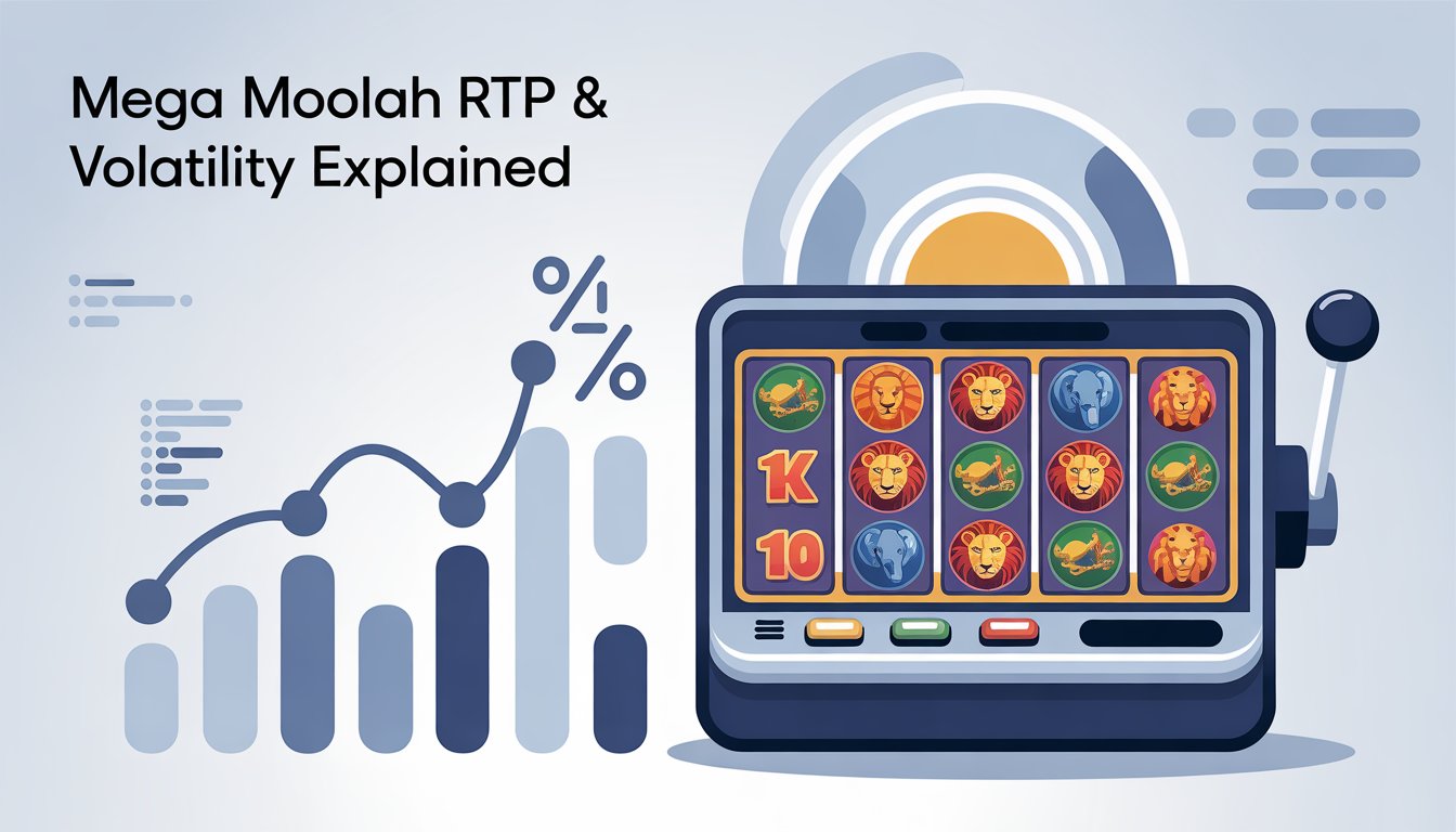 A slot machine with animal symbols beside graphs showing return to player percentages and volatility fluctuations.