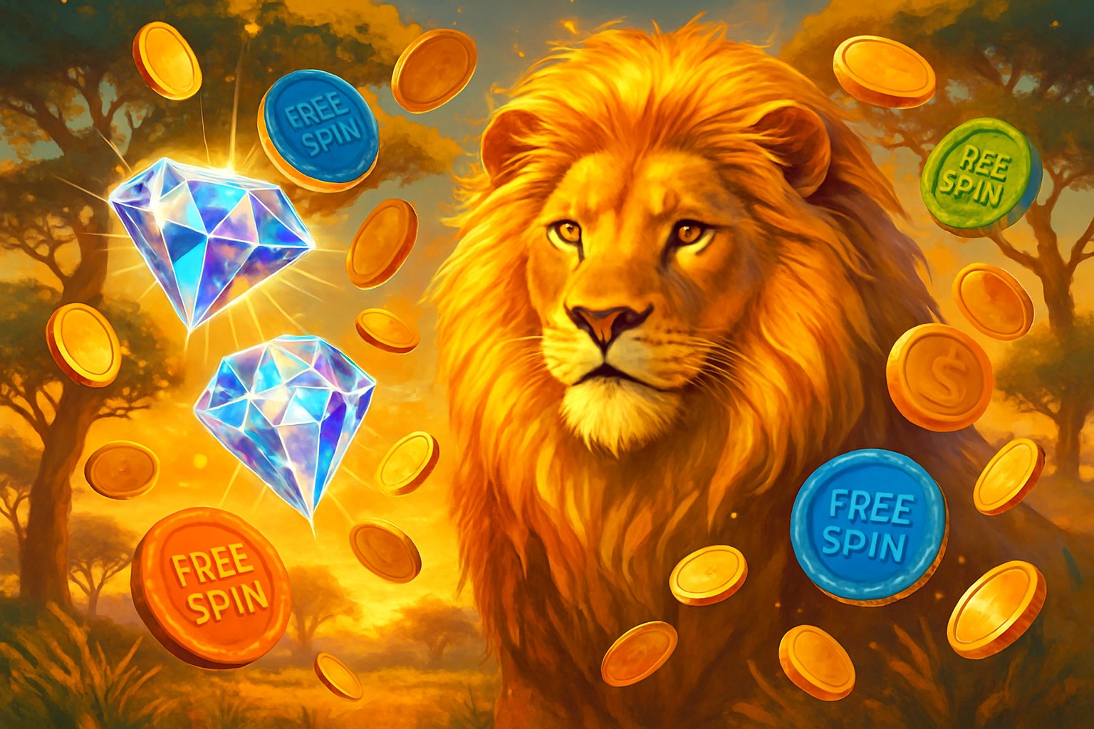 A majestic lion with a glowing golden mane stands in a sunlit African savannah surrounded by sparkling gems and floating golden coins.