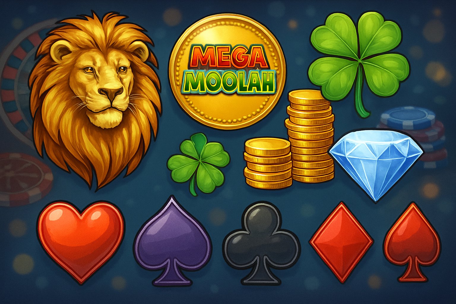 An illustration showing various colourful slot machine symbols including a lion, gold coins, a four-leaf clover, a diamond, and card suits arranged in a clear paytable layout with a casino-themed background.