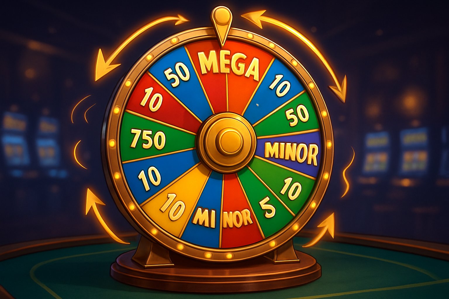 A large colourful spinning jackpot wheel with multiple prize sections on a casino table, surrounded by glowing arrows indicating rotation.