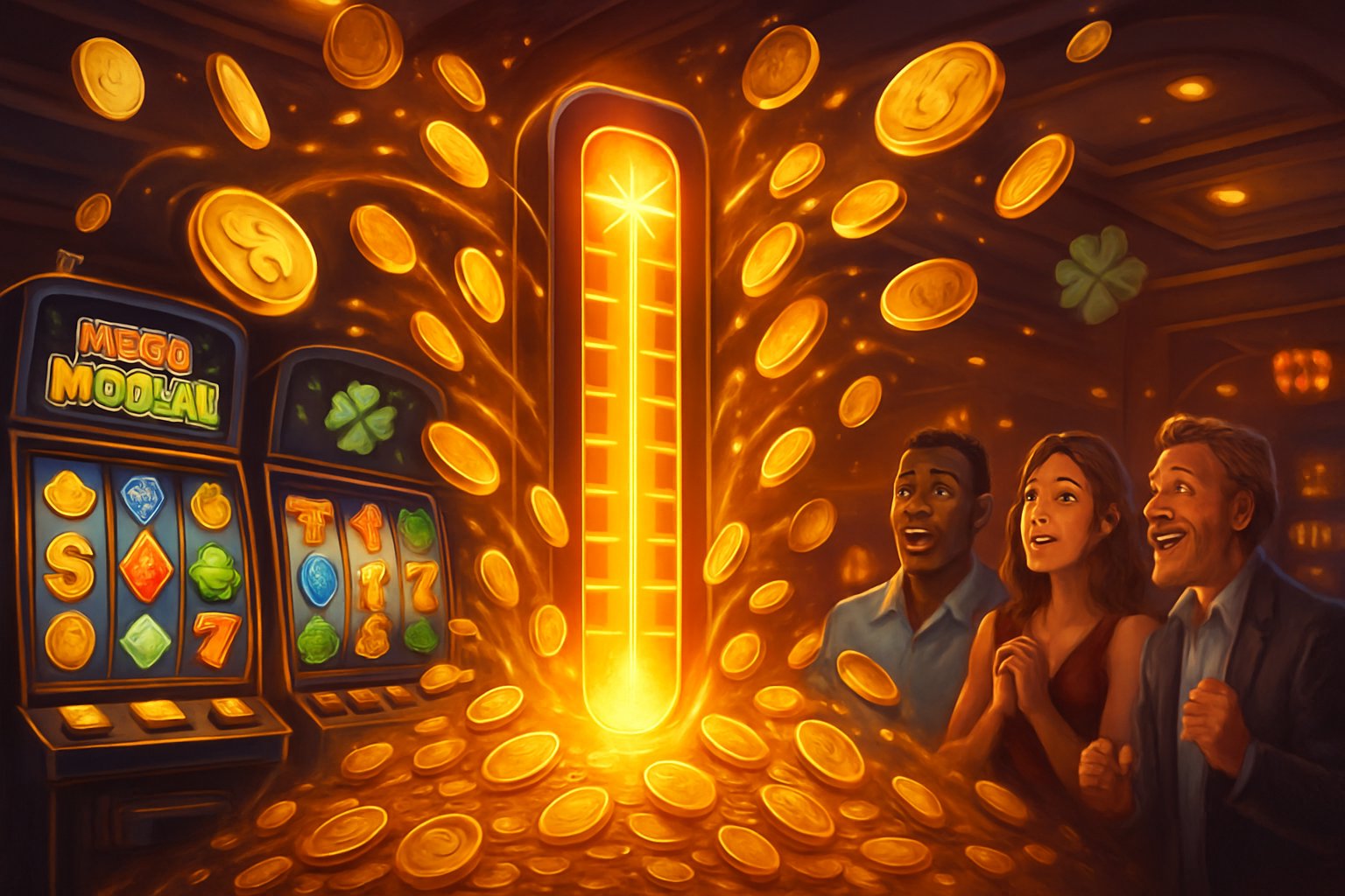A casino scene with slot machines, a large glowing jackpot meter, golden coins flowing around, and excited players watching the jackpot grow.