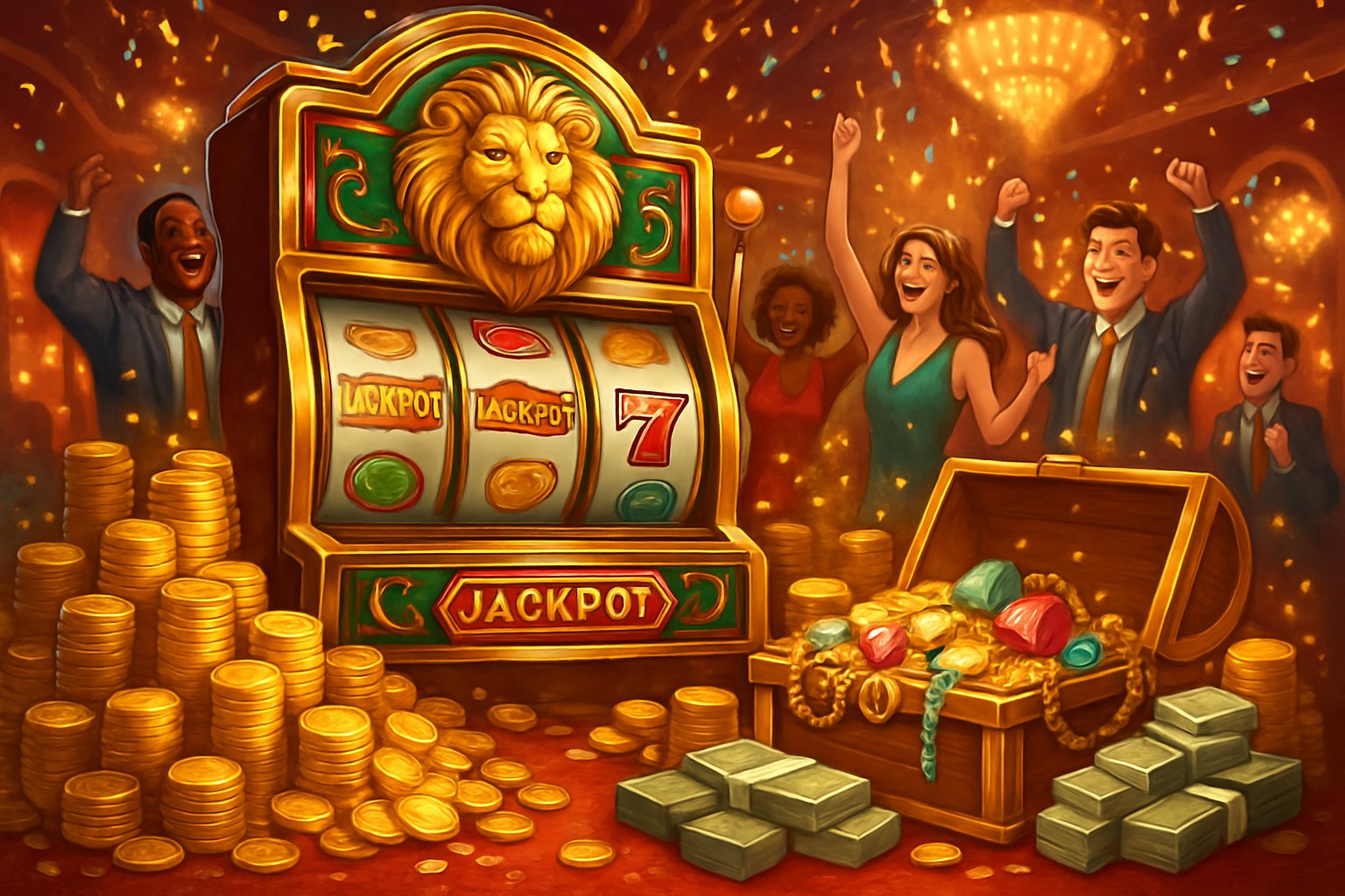 A casino scene showing a large slot machine surrounded by piles of gold coins, cash, and jewels, with happy people celebrating a big win.