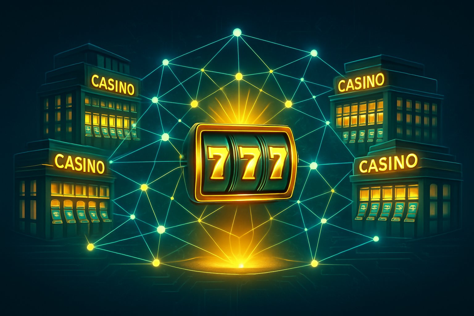 Several casinos connected by glowing lines with a central jackpot meter showing a network of linked jackpots.